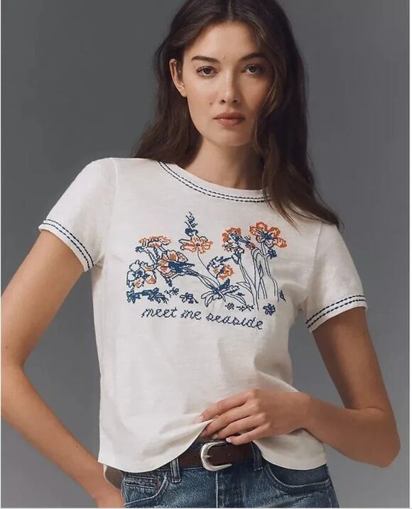 Pilcro Tops - Pilcro Anthropologie The Bennie Slim Crew Neck Cotton-Slub Embroidered Tee Top S